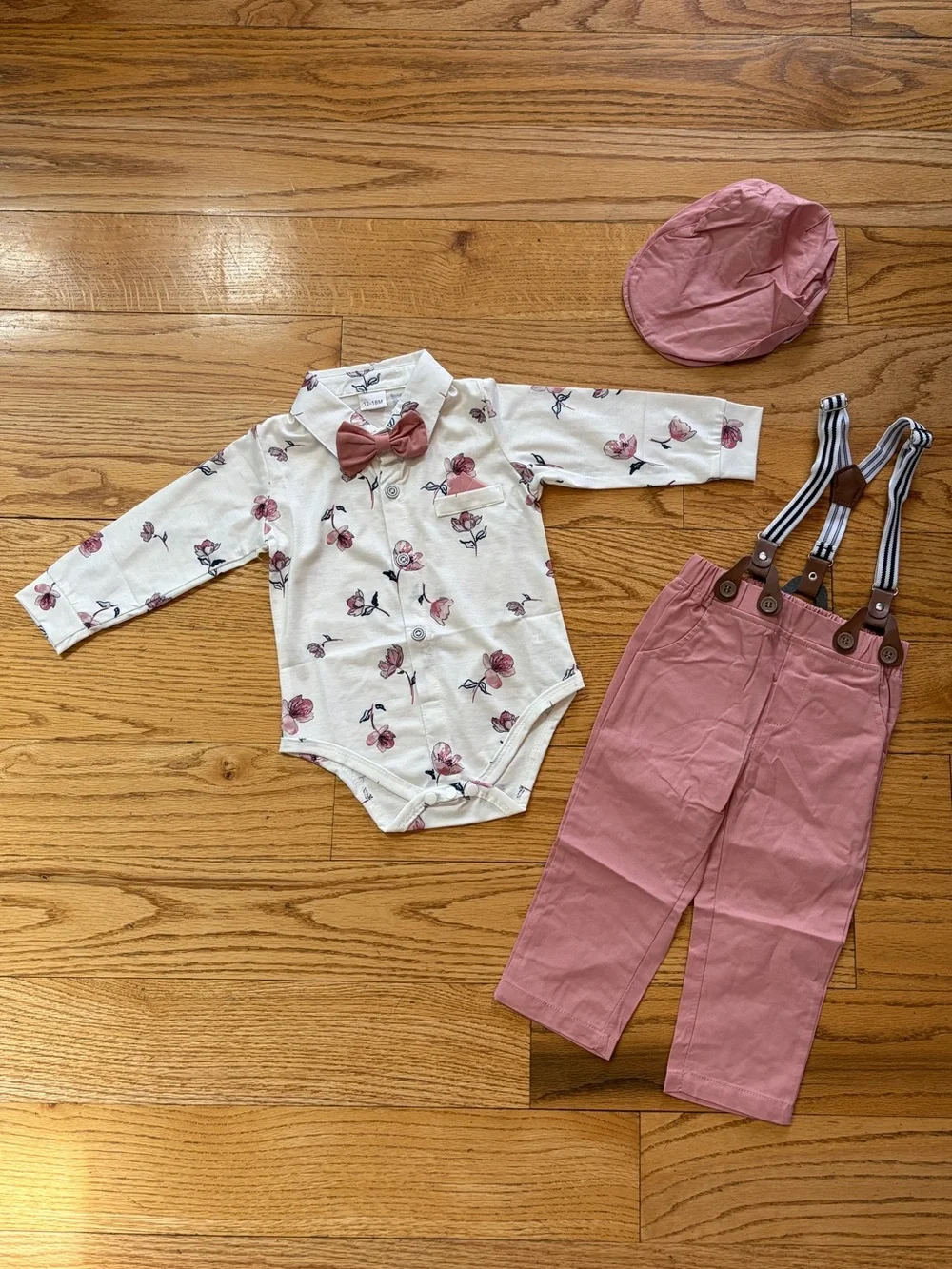 Baby Floral Suspender Outfit Set w/ Bow Tie & Hat | 4-Piece